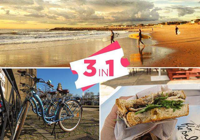 Offre 3 en 1 : location de vélo, session de surf et dégustation de snacks portugais - Porto