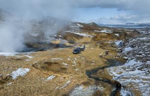 Helicopter flight over hot springs and lava fields